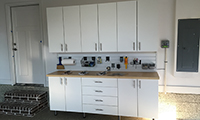 Classic white cabinets with maple butcher block counter