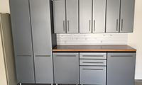 Graphite grey with white slat wall and bamboo countertop